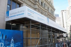 Vinyl Wrapped Around Scaffolding Wrigley Building