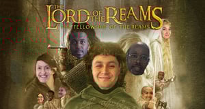 Employees' faces superimposed onto a Lord of the Rings graphic for Fantasy Day