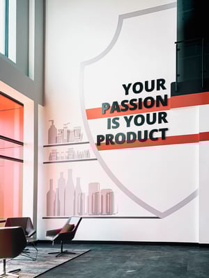 Environmental branding in Signode's lobby features vinyl graphics and dimensional letters