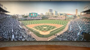 Mural on an office wall showing the interior of a packed Wrigley Field
