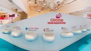 A wall at the SlooMoo institute with vinyl decals labeling types of slime starters.
