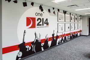 Mural featuring framed artwork exemplifies placemaking at D214 school district's building.